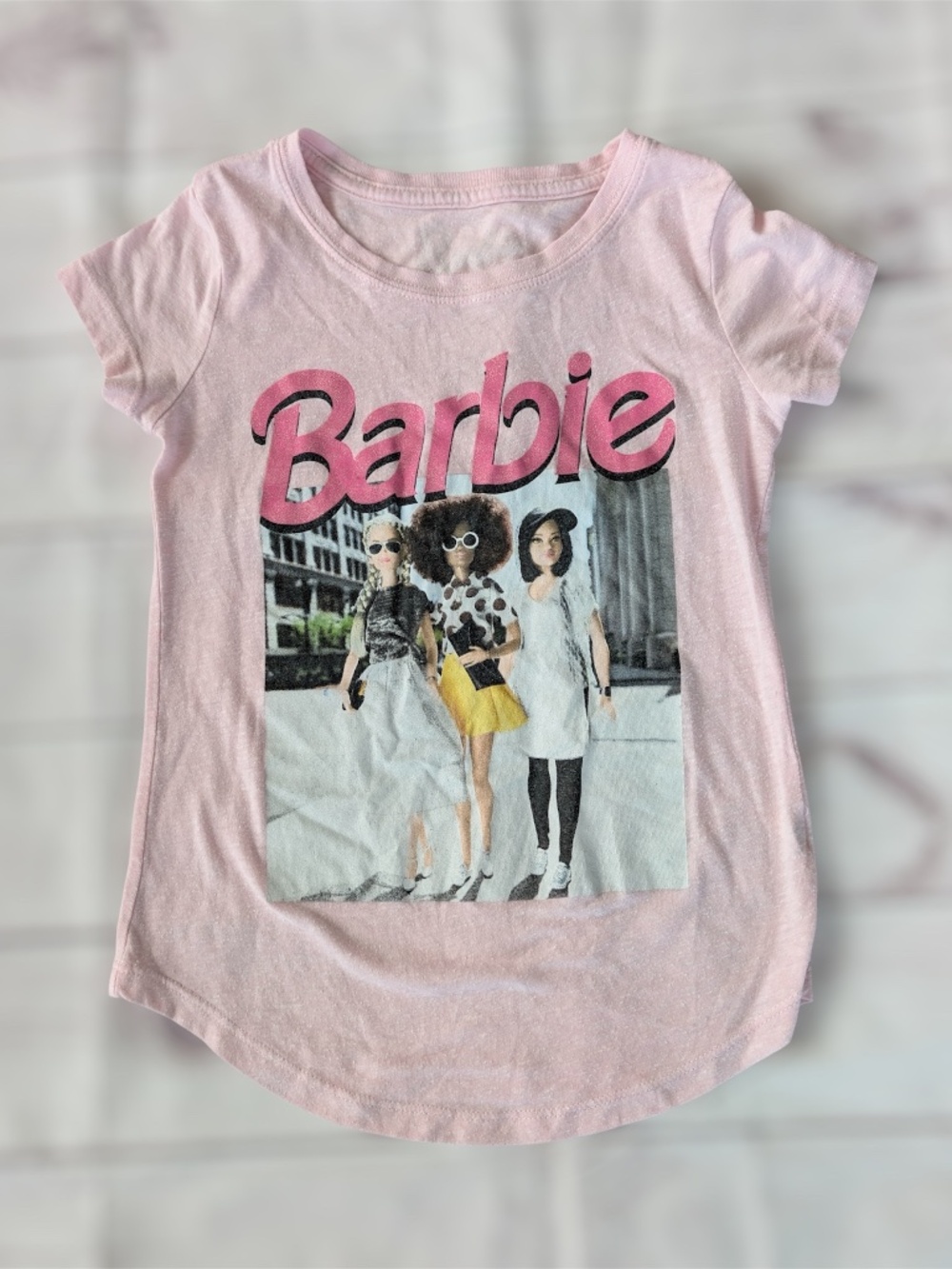 Barbie Girls T Shirt Size Medium (7/8) Pink Graphic Logo Short Sleeve Tee